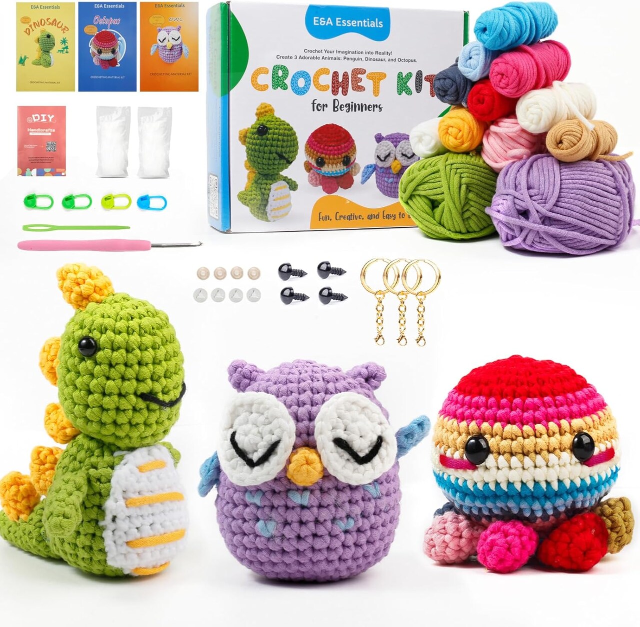 Crochet Kit for Beginners, Crochet Animal Kit with Video Tutorials & Soft Yarn, Craft Kits for Teens & Adults: Penguin, Dinosaur & Octopus Amigurumi Crochet Kit, Easy Knitting Kit, Crafts Crochet Kits